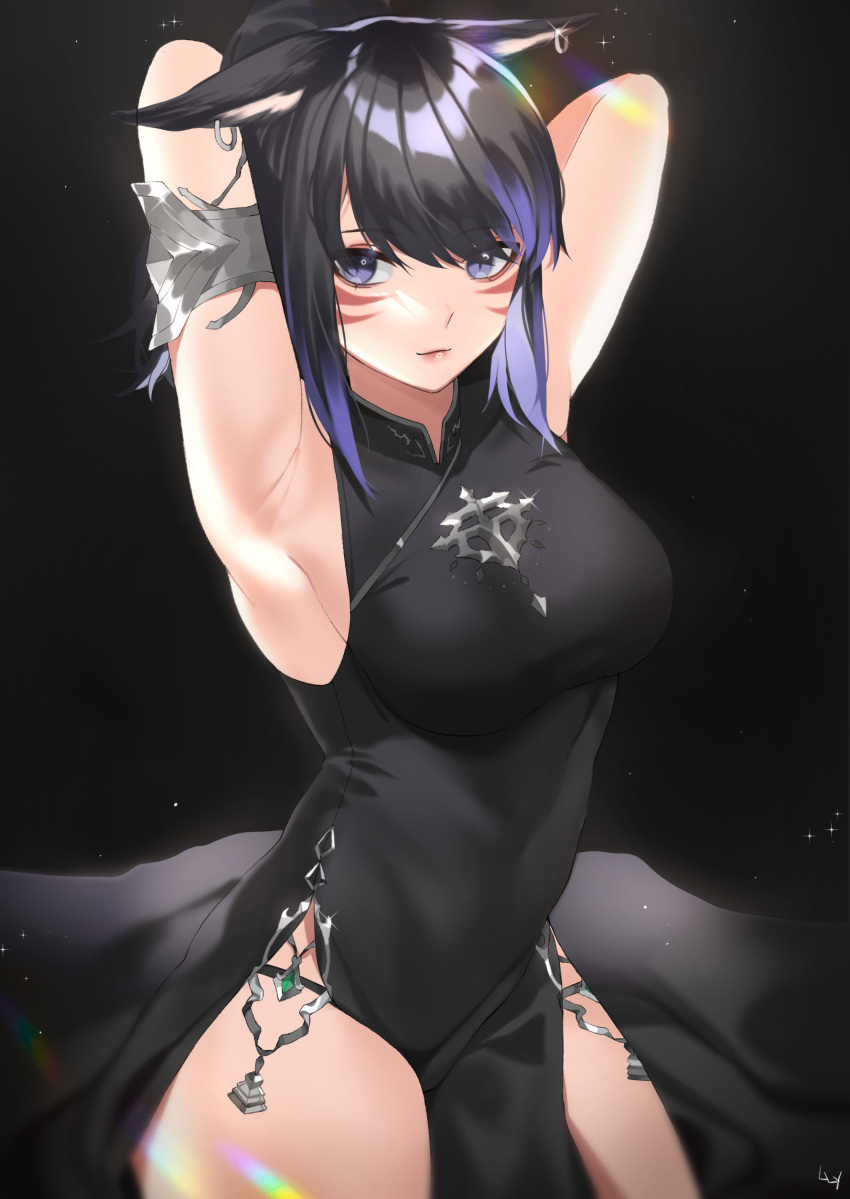 1girl absurdres animal_ears arm_guards armpits arms_up black_background black_hair breasts china_dress chinese_clothes commission dress earrings facial_mark feet_out_of_frame final_fantasy final_fantasy_xiv gradient_hair highres jewelry lilycious lips looking_at_viewer medium_breasts miqo'te multicolored_hair purple_hair short_hair solo taut_clothes taut_dress thighs violet_eyes