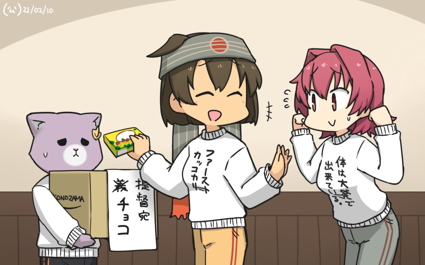 3girls :&gt; alternate_costume animalization bangs box breasts brown_hair cardboard_box clothes_writing dated eyebrows_visible_through_hair flying_sweatdrops hair_ornament hamu_koutarou headband highres hiyou_(kancolle) holding kantai_collection kinu_(kancolle) long_sleeves multiple_boys multiple_girls open_mouth pants red_eyes redhead shirt short_hair signature smile sweat sweater tama_(kancolle) translation_request white_sweater