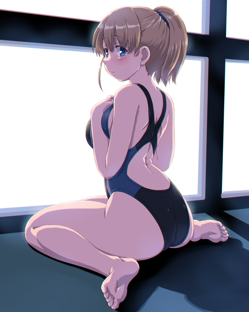 1girl bare_arms bare_legs bare_shoulders barefoot black_swimsuit blue_eyes blush breasts brown_hair closed_mouth competition_swimsuit dd_(ijigendd) eyebrows_visible_through_hair hair_between_eyes highres intrepid_(kancolle) kantai_collection large_breasts one-piece_swimsuit ponytail short_hair sitting solo swimsuit toes wariza