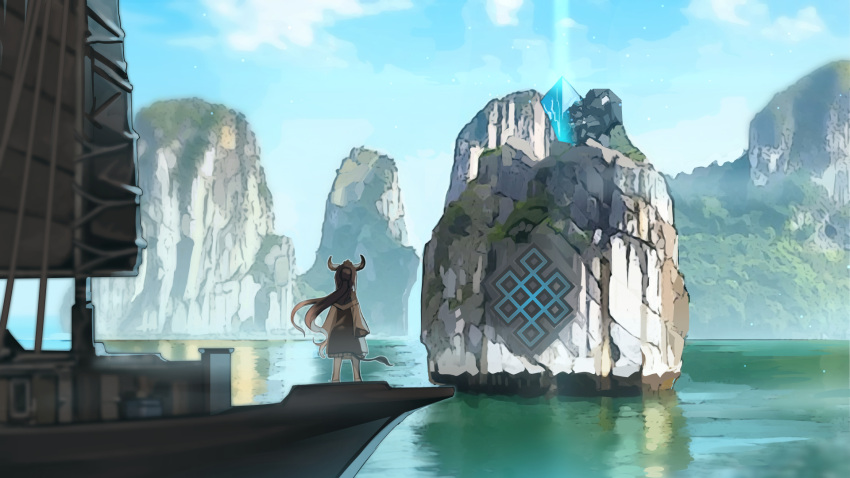 1girl blvefo9 boat brown_hair facing_away fantasy highres horns long_hair original outdoors ponytail solo standing tail water watercraft