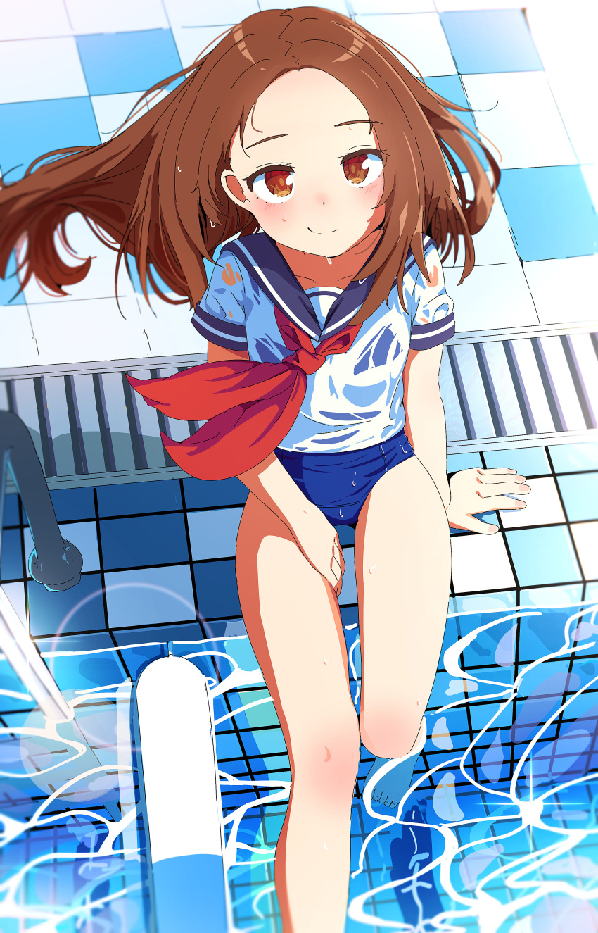 1girl absurdres blue_sailor_collar blue_swimsuit brown_eyes brown_hair dunggeul_dunggeul forehead highres karakai_jouzu_no_takagi-san long_hair looking_at_viewer neckerchief pool pool_ladder poolside red_neckwear sailor_collar school_swimsuit school_uniform see-through serafuku shirt sitting soaking_feet solo swimsuit swimsuit_under_clothes takagi-san water wet wet_clothes wet_shirt