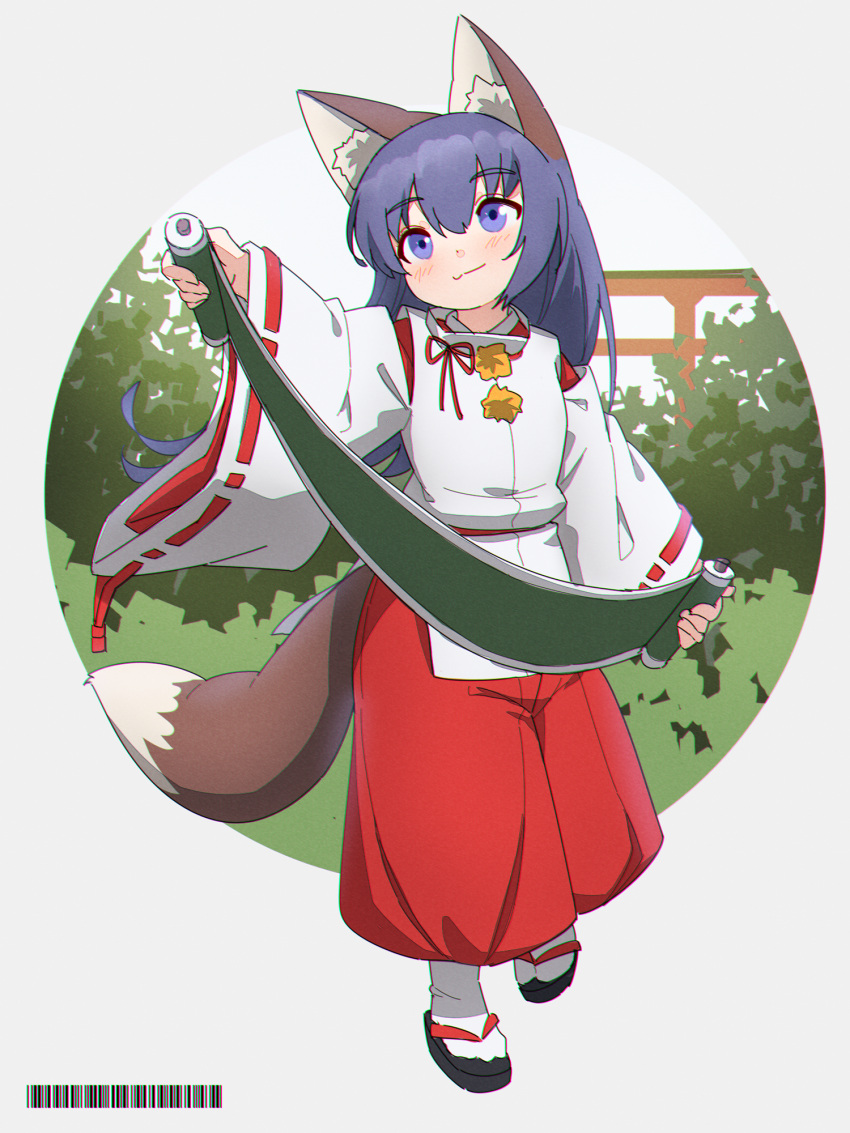 1girl animal_ear_fluff animal_ears bangs black_footwear blue_eyes blue_hair blush borrowed_character closed_mouth commentary_request eyebrows_visible_through_hair fox_ears fox_girl fox_tail full_body hair_between_eyes hakama_pants highres holding japanese_clothes kimono kuro_kosyou long_hair long_sleeves looking_at_viewer original pants red_pants ribbon-trimmed_sleeves ribbon_trim smile solo standing standing_on_one_leg tabi tail torii very_long_hair white_kimono white_legwear wide_sleeves zouri
