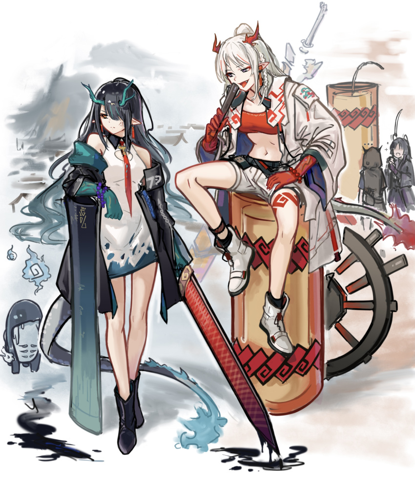 4girls :d absurdres anger_vein animal_ears arknights bangs bare_legs bare_shoulders black_coat black_hair coat commentary_request demon_horns dog_ears dress dusk_(arknights) hair_over_one_eye highres holding holding_sword holding_weapon hood horns lava_(arknights) left-handed long_hair looking_at_another looking_away midriff multiple_girls navel necktie nian_(arknights) official_art open_clothes open_coat open_mouth pointy_ears ponytail purgatory_(arknights) red_eyes revision saga_(arknights) short_dress shorts siblings silver_hair sisters sitting smile standing stomach strapless sword tail tongue tongue_out tubetop violet_eyes weapon white_dress zowli