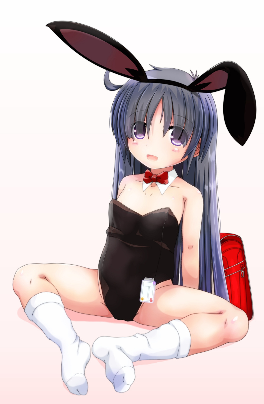 1girl absurdres ahoge animal_ears arms_behind_back backpack bag bare_shoulders black_hair black_leotard bow bowtie commentary_request damubomu detached_collar eyes_visible_through_hair fake_animal_ears flat_chest hair_over_eyes hairband highres knees_apart_feet_together legs leotard long_hair name_tag open_mouth original pink_eyes playboy_bunny rabbit_ears randoseru simple_background sitting smile socks solo spread_legs strapless strapless_leotard thighs white_background white_footwear