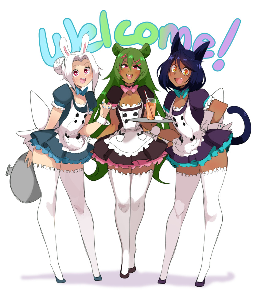 3boys :d absurdres animal_ears aoi_(lightsource) apron black_footwear blue_dress blush bright_pupils cat_boy cat_ears cat_tail character_request crossdressinging cup dress drinking_straw english_commentary english_text fang full_body green_hair hair_ornament highres holding holding_tray lightsource long_hair looking_at_viewer maid maid_apron maid_headdress male_focus multiple_boys murasaki_(lightsource) open_mouth orange_eyes original otoko_no_ko pink_eyes rabbit_ears red_dress red_eyes simple_background slit_pupils smile standing tail thigh-highs tray white_apron white_background white_hair white_legwear white_pupils