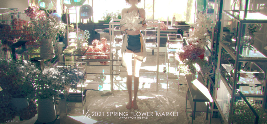 1girl bare_shoulders barefoot brown_hair chinese_commentary english_text flower highres lep off_shoulder original out_of_frame plant potted_plant short_hair smile solo