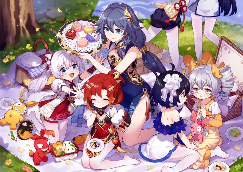 6+girls :d :t ^_^ ahoge black_gloves black_hair blue_dress blue_eyes character_request child china_dress chinese_clothes chinese_commentary closed_eyes commentary_request day dress drill_hair eating eyebrows_visible_through_hair flat_chest flower food fork fruit gloves grass grey_eyes hair_rings highres honkai_(series) honkai_impact_3rd huge_filesize kneeling long_hair looking_at_another multiple_girls no_shoes obentou open_mouth orange outdoors pantyhose picnic picnic_basket plate redhead short_hair side_slit silver_hair sitting sleeveless sleeveless_dress smile strapless strapless_dress tree tsubasa_tsubasa twin_drills twintails white_dress white_legwear