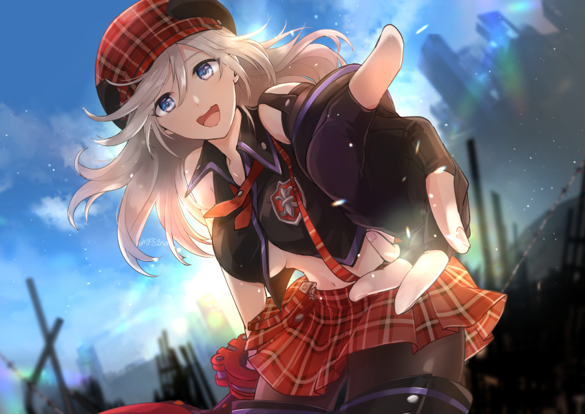 1girl :d alisa_ilinichina_amiella bangs bare_shoulders black_footwear black_legwear black_vest blue_eyes blue_sky blush boots breasts building cabbie_hat clouds collared_vest commentary cowboy_shot crop_top diffraction_spikes elbow_gloves eyebrows_visible_through_hair fingerless_gloves gloves god_eater god_eater_burst hair_between_eyes hat highres holding holding_sword holding_weapon huge_weapon large_breasts long_hair looking_at_viewer midriff navel neck_ribbon open_mouth outdoors pantyhose plaid plaid_headwear pleated_skirt reaching_out red_headwear red_neckwear red_skirt ribbon ruins sidelocks silver_hair skirt sky skyscraper smile solo standing sunrise suspender_skirt suspenders suspenders_slip sword thigh-highs thigh_boots torayama_(mps2nd) twitter_username under_boob upper_teeth vest weapon