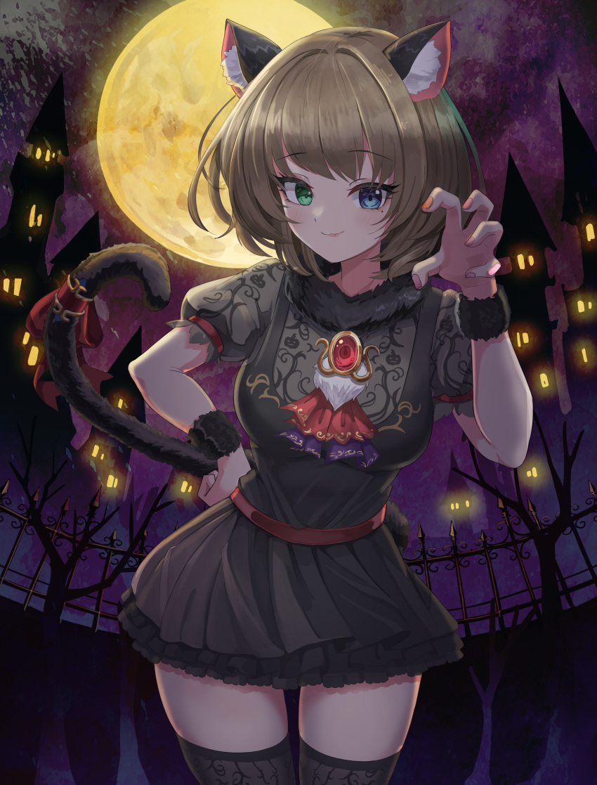 1girl absurdres animal_ears bangs bare_tree black_dress black_legwear blue_eyes bow breasts brown_hair cat_ears cat_tail claw_pose commentary_request cowboy_shot dress eyebrows_visible_through_hair full_moon fur_trim gem gim_silpeu green_eyes halloween hand_on_hip heterochromia highres idolmaster idolmaster_cinderella_girls kemonomimi_mode looking_at_viewer mismatched_nail_polish mole mole_under_eye moon nail_polish orange_nails pink_nails print_dress puffy_short_sleeves puffy_sleeves short_hair short_sleeves skindentation smile solo tail tail_bow tail_ornament takagaki_kaede thigh-highs thighs tree zettai_ryouiki