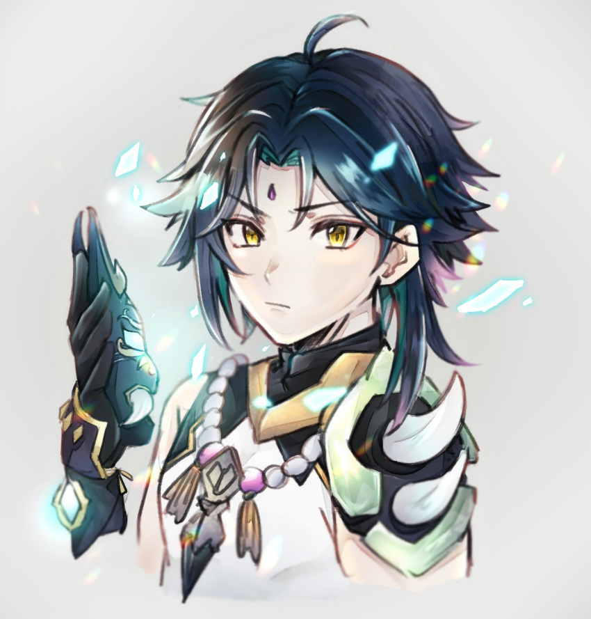 1boy ahoge arm_guards bangs bare_shoulders bead_necklace beads black_gloves black_hair closed_mouth eyebrows_visible_through_hair facial_mark forehead_mark genshin_impact gloves green_hair grey_background highres holding holding_mask jewelry kzier69ia long_hair looking_at_viewer male_focus mask multicolored_hair necklace parted_bangs shoulder_pads shoulder_spikes simple_background sleeveless slit_pupils solo spikes tassel vision_(genshin_impact) xiao_(genshin_impact) yellow_eyes