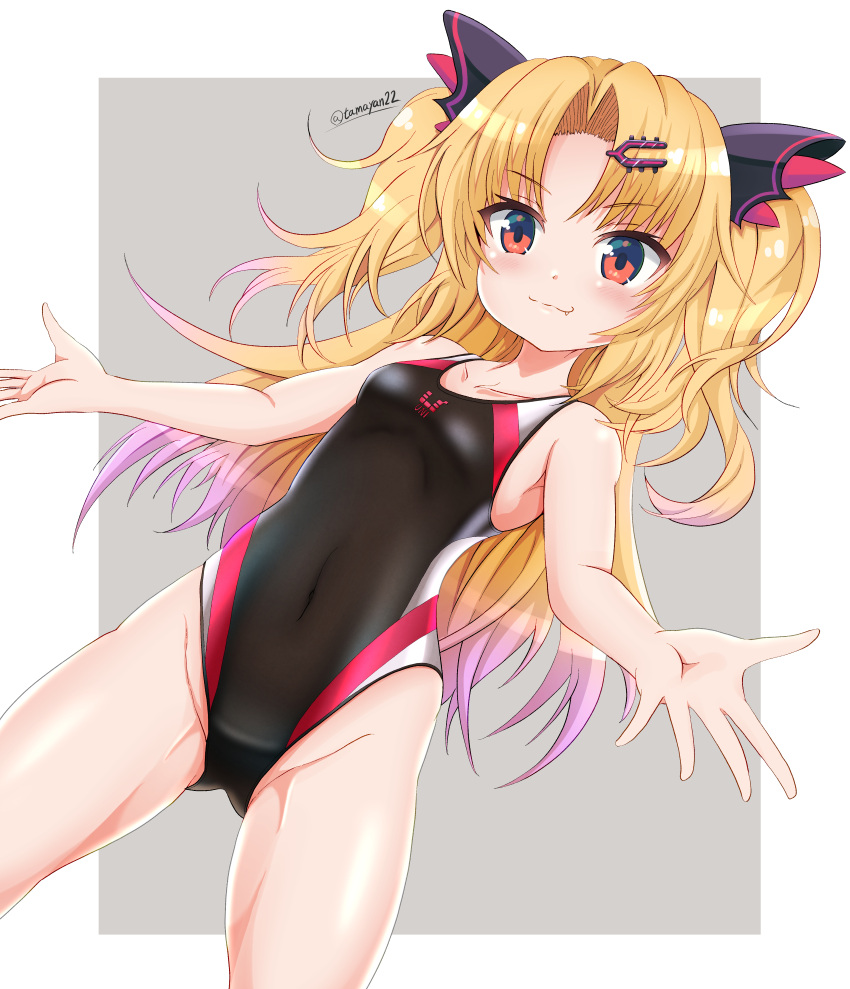 1girl absurdres akatsuki_uni bangs bare_arms bare_shoulders black_swimsuit blonde_hair breasts closed_mouth collarbone commentary_request competition_swimsuit covered_navel dutch_angle eyebrows_visible_through_hair fang fang_out grey_background hair_ornament hairclip highres multicolored_hair one-piece_swimsuit parted_bangs pink_hair red_eyes small_breasts smile solo swimsuit tamayan twitter_username two-tone_background two-tone_hair two_side_up uni_create virtual_youtuber white_background