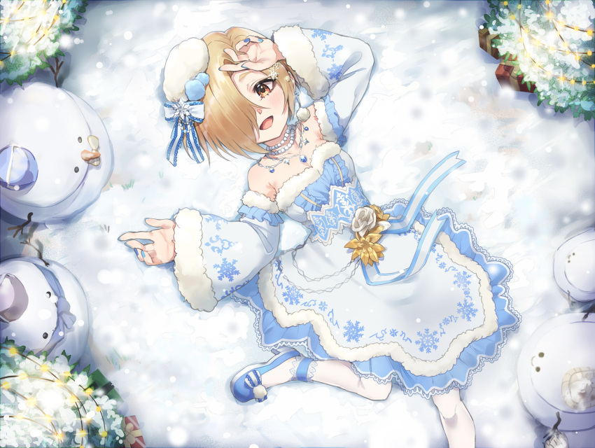 1girl applepie_(12711019) bare_shoulders blonde_hair blue_nails blush christmas_tree detached_sleeves dress fingernails flower fur_trim gift hair_over_one_eye hat high_heels highres idolmaster idolmaster_cinderella_girls jewelry lying nail_polish necklace on_ground open_mouth ribbon shirasaka_koume short_hair snow snowman solo white_legwear yellow_eyes