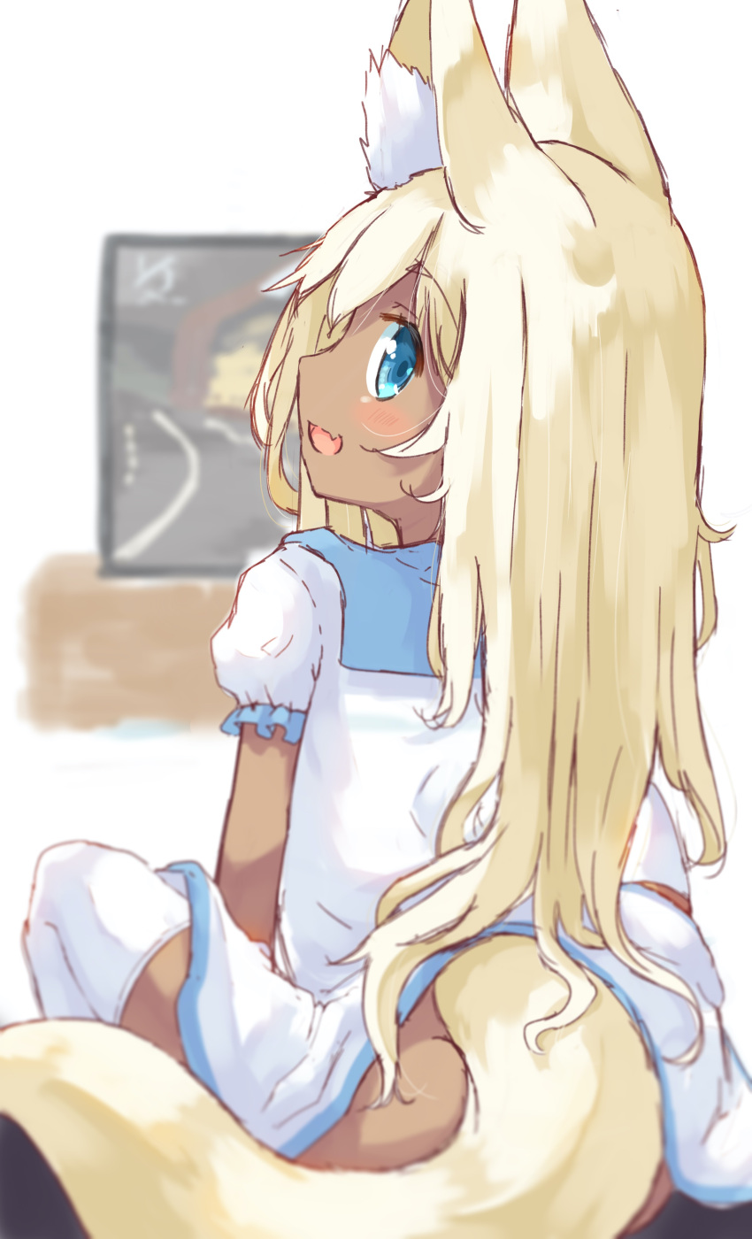 1girl :d absurdres animal_ear_fluff animal_ears blonde_hair blue_eyes dark_skin dress fang fox_ears fox_tail highres long_hair looking_at_viewer looking_back manabe_mana open_mouth original playing_games sailor_dress sitting sketch skin_fang smile tail video_game