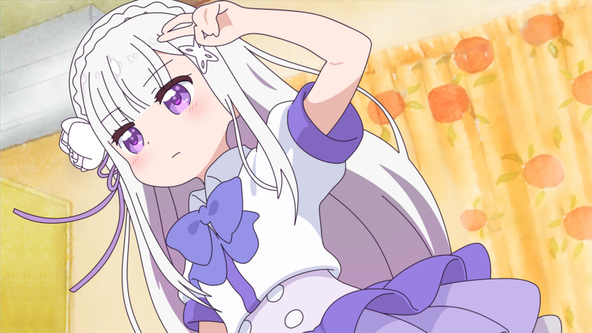 1girl air_conditioner bangs blouse blunt_bangs blurry blurry_background blush bow closed_mouth emilia_(re:zero) eyebrows_visible_through_hair flower frilled_skirt frills hair_flower hair_ornament hairband highres long_hair looking_away orange_curtains parody purple_bow purple_ribbon purple_skirt re:zero_kara_hajimeru_isekai_seikatsu ribbon rose shadow shirosaki_hana short_sleeves skirt solo style_parody upper_body v very_long_hair violet_eyes watashi_ni_tenshi_ga_maiorita! white_blouse white_flower white_hair white_hairband white_rose younger zuori