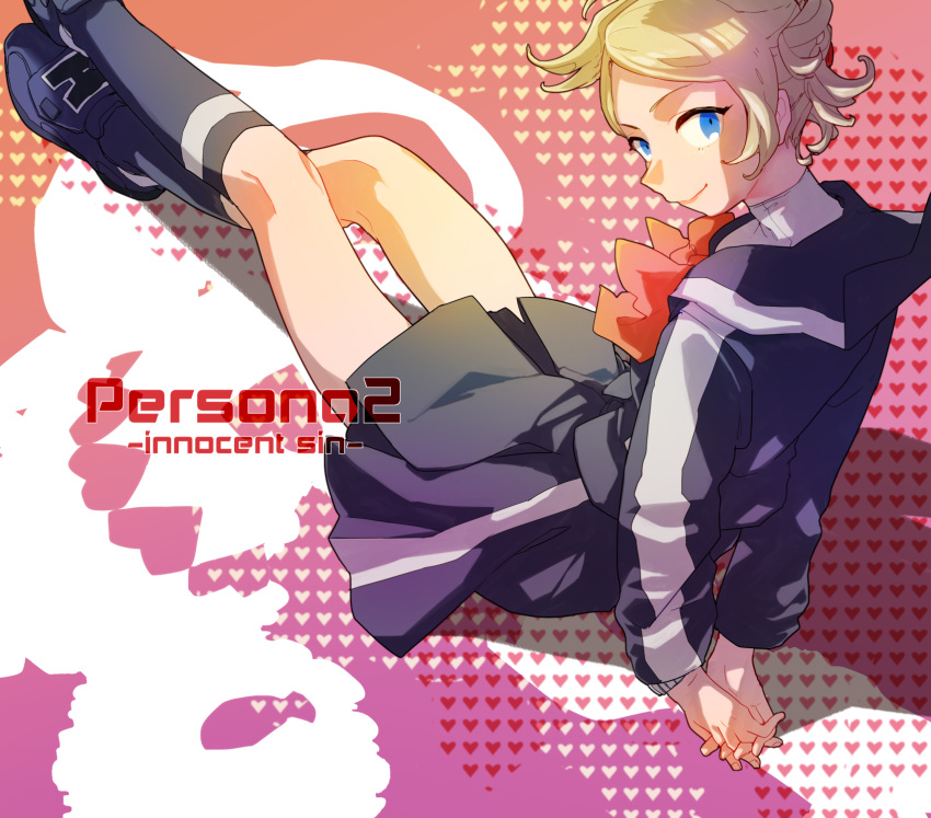 1girl arms_behind_back black_footwear black_legwear black_skirt blonde_hair blue_eyes bow closed_mouth crossed_legs eros_(persona_2) hands_together heart highres interlocked_fingers kneehighs lisa_silverman long_sleeves nichi_(hibi_suimin) orange_bow persona persona_2 pleated_skirt school_uniform seven_sisters_high_school_uniform shadow shoes short_hair single_horizontal_stripe single_vertical_stripe sitting skirt smile solo turtleneck