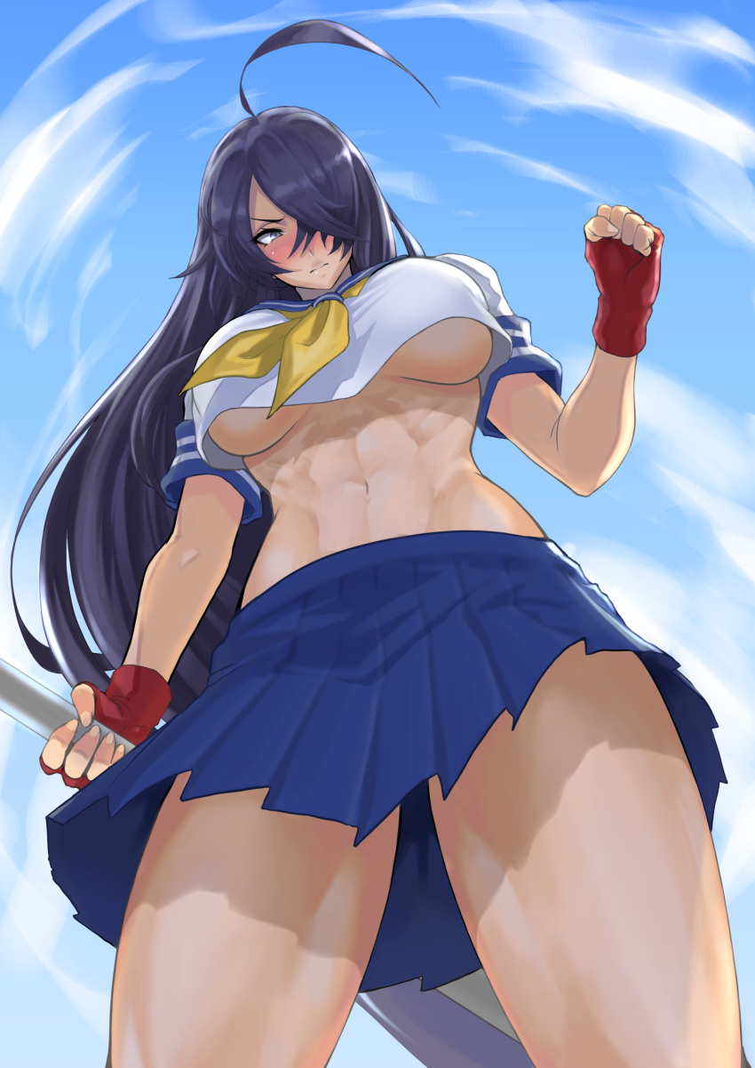 1girl abs absurdres ahoge anagumasan black_hair blue_skirt blue_sky breasts clenched_hand clouds cloudy_sky cowboy_shot fingerless_gloves from_below gloves hair_over_one_eye highres holding ikkitousen kan'u_unchou long_hair navel neckerchief pleated_skirt red_gloves shadow skirt sky solo under_boob yellow_neckwear