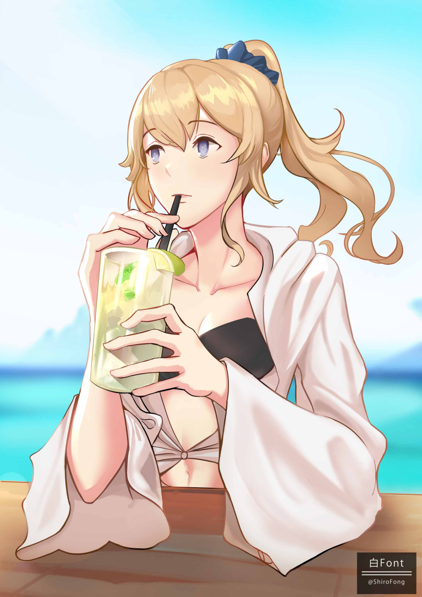 1girl absurdres bikini black_bikini black_scrunchie blonde_hair blue_eyes drinking drinking_straw drinking_straw_in_mouth genshin_impact highres jacket jean_gunnhildr_(genshin_impact) looking_to_the_side mark_teo navel open_clothes open_jacket ponytail scrunchie solo swimsuit swimwear white_jacket wide_sleeves