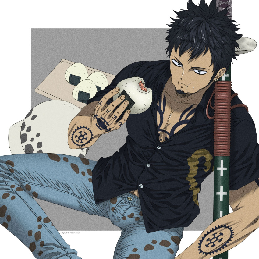 1boy bite_mark black_hair black_shirt chest_tattoo denim dutch_angle earrings eating facial_hair feet_out_of_frame food goatee hat hat_removed headwear_removed highres jeans jewelry katana male_cleavage male_focus one_piece onigiri over_shoulder pants pectorals pinattsu shirt short_hair sideburns sitting solo sword sword_over_shoulder tattoo toned toned_male trafalgar_law weapon weapon_over_shoulder