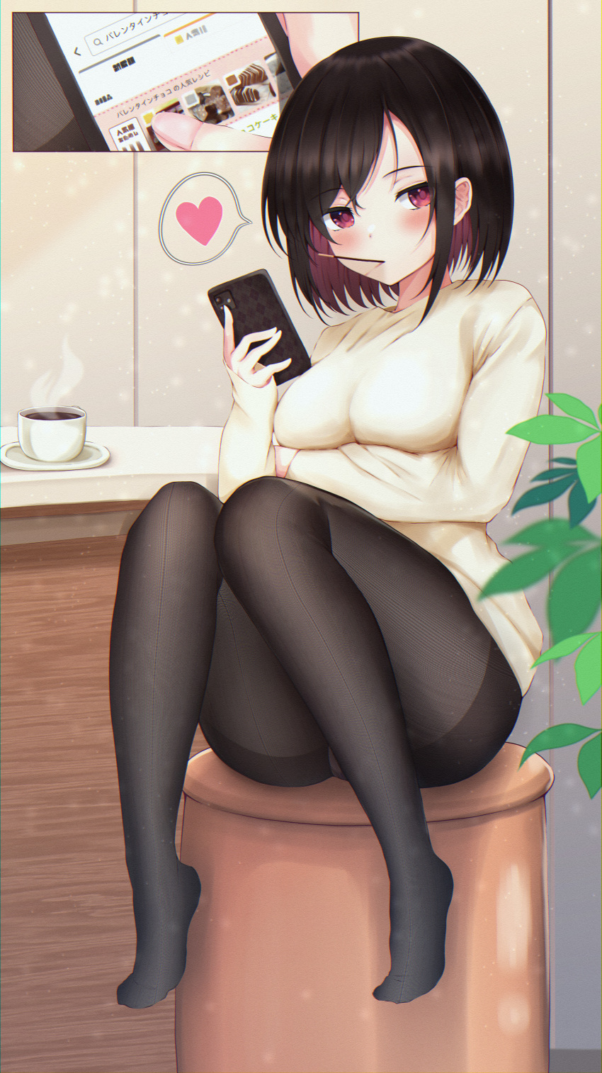 1girl absurdres arm_under_breasts ass bangs black_hair black_legwear blush breast_lift breasts cellphone chocolate coffee coffee_cup colored_inner_hair cup disposable_cup eyebrows_visible_through_hair feet_up food food_in_mouth heart highres holding holding_phone kazanock legs long_sleeves looking_at_viewer medium_breasts mouth_hold multicolored_hair nail_polish no_pants original panties panties_under_pantyhose pantyhose phone phone_screen pink_nails pocky purple_hair saucer short_hair sitting sleeves_past_wrists smartphone solo spoken_heart stool sweater swept_bangs thighband_pantyhose two-tone_hair underwear valentine violet_eyes white_sweater