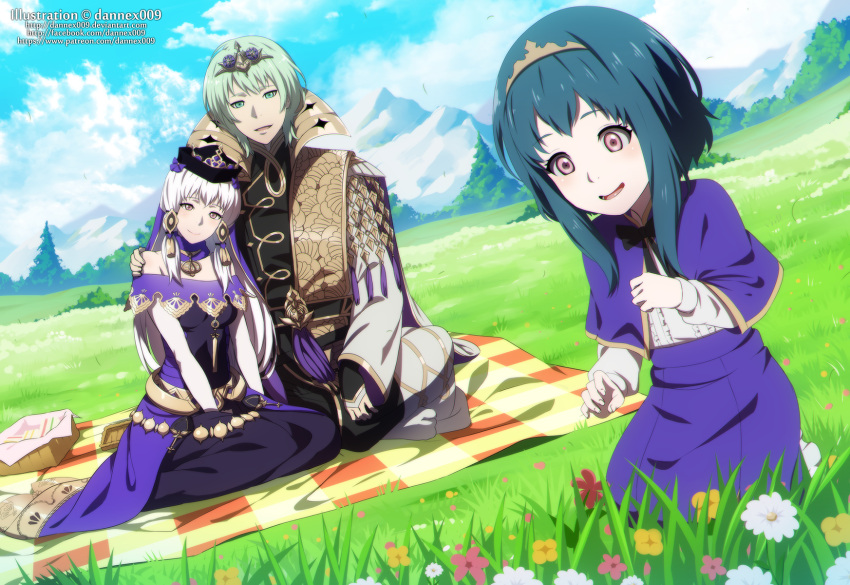 1boy 2girls artist_name blue_hair blue_sky byleth_(fire_emblem) byleth_eisner_(male) closed_mouth clouds dannex009 day dress father_and_daughter fire_emblem fire_emblem:_three_houses flower grass green_eyes green_hair hair_ornament hat highres if_they_mated long_hair long_sleeves lysithea_von_ordelia mother_and_daughter multiple_girls open_mouth outdoors pink_eyes short_hair sitting sky tiara watermark web_address white_hair
