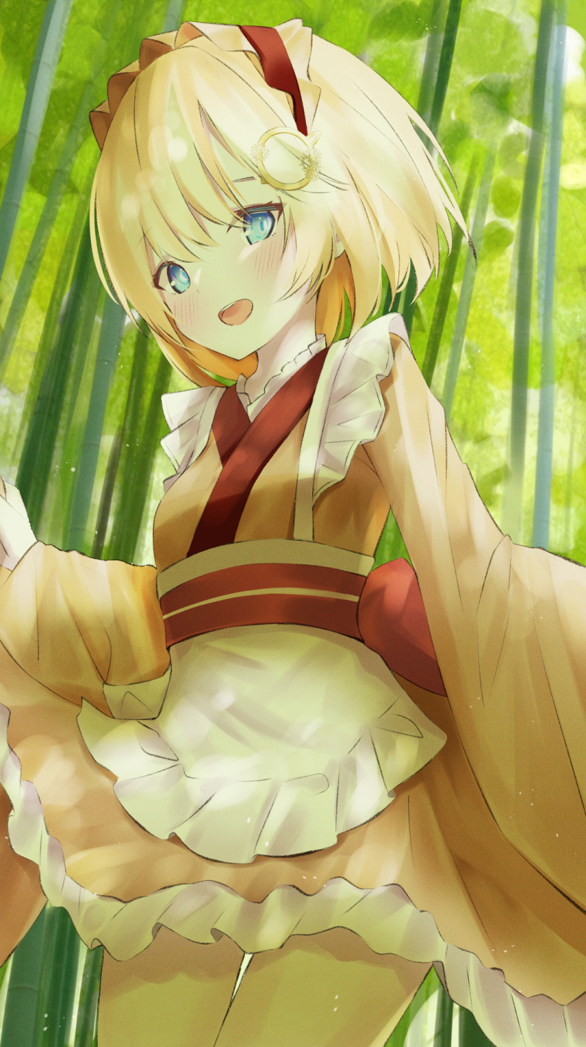 1girl :d alternate_costume apron bamboo bamboo_forest blonde_hair blue_eyes blush bonnet brown_kimono cowboy_shot enmaided forest frilled_apron frills hair_ornament hairband hairclip highres hololive hololive_english japanese_clothes kimono kimono_skirt lolita_hairband maid maid_apron monocle_hair_ornament nature open_mouth short_hair smile upper_teeth virtual_youtuber wa_maid watson_amelia white_apron yuzuno_kaori