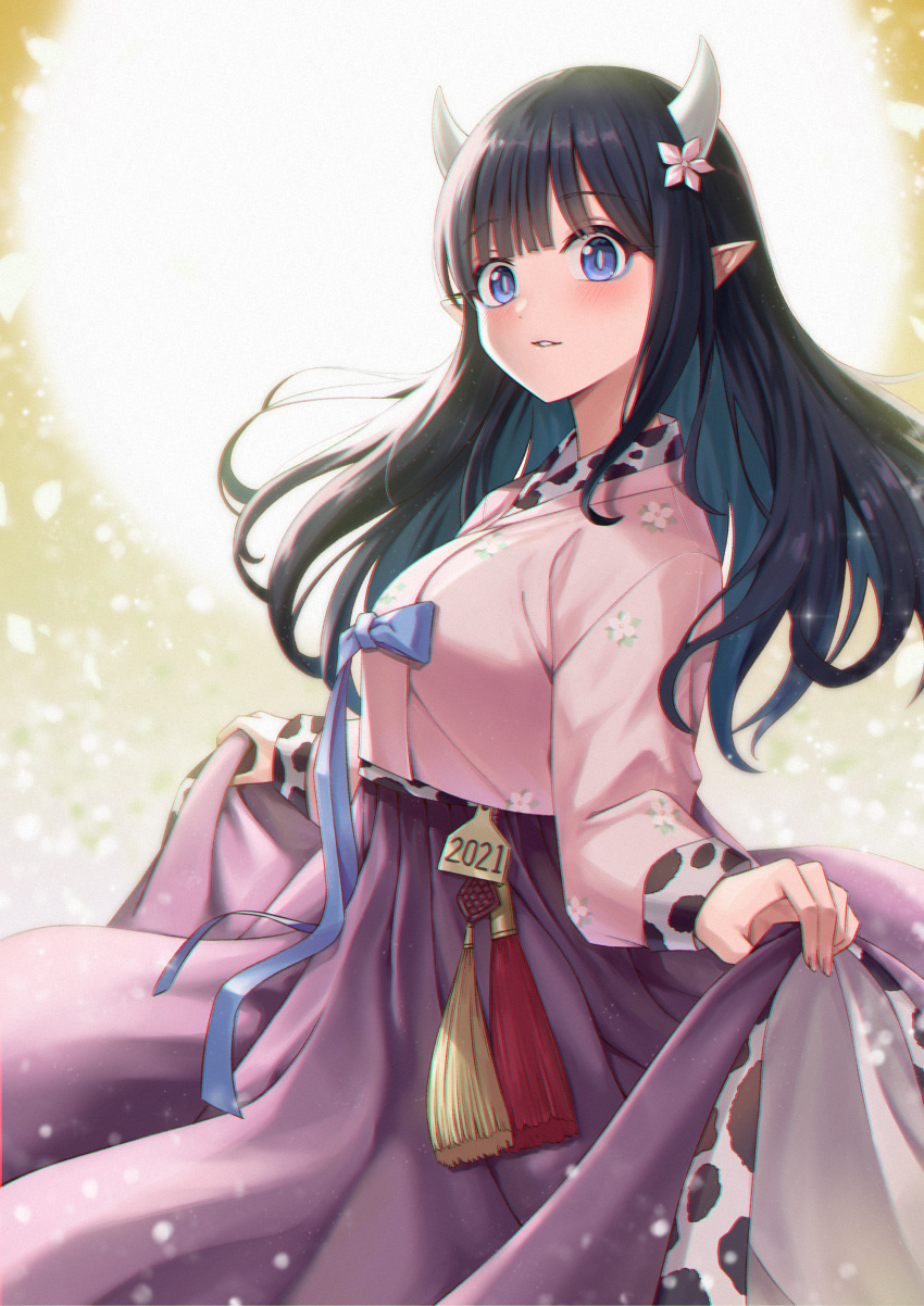 1girl 2021 absurdres bangs black_hair blue_eyes blush chinese_zodiac floral_print flower hair_flower hair_ornament hanbok highres horns kim_nag-seo korean_clothes long_hair long_sleeves looking_at_viewer new_year original ox_horns parted_lips pink_flower pointy_ears smile solo year_of_the_ox