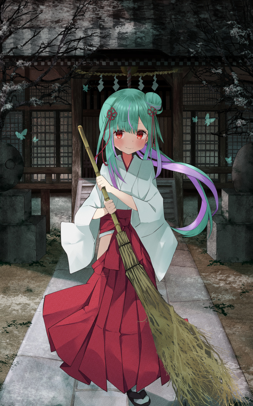 1girl absurdres aqua_hair architecture bamboo_broom bare_tree blush broom closed_mouth commentary_request east_asian_architecture eureka_814 eyebrows_visible_through_hair gradient_hair hair_bun hair_ribbon hakama highres holding holding_broom hololive huge_filesize japanese_clothes long_hair looking_at_viewer miko multicolored_hair outdoors path purple_hair red_eyes red_hakama red_ribbon ribbon shrine smile solo tree two-tone_hair uruha_rushia very_long_hair virtual_youtuber white_robe wide_sleeves