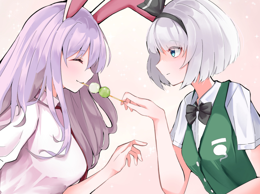 258n 2girls animal_ears aqua_eyes bangs black_neckwear bob_cut bow bowtie breasts closed_eyes commentary dango expressionless eyebrows_visible_through_hair facing_another feeding food food_in_mouth from_side green_vest hair_ribbon highres holding_skewer konpaku_youmu long_hair looking_at_another medium_breasts multiple_girls necktie pink_background puffy_short_sleeves puffy_sleeves purple_hair rabbit_ears red_neckwear reisen_udongein_inaba ribbon sanshoku_dango shirt short_hair short_sleeves silver_hair smile sparkle_background touhou upper_body very_long_hair vest wagashi white_shirt