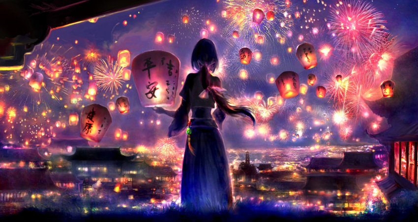 1girl architecture backlighting chinese_clothes chinese_commentary chinese_new_year city_lights cityscape dark dress east_asian_architecture fireworks grass highres horizon lantern long_hair low_ponytail new_year original paper_lantern scenery seiya_hoshiko solo