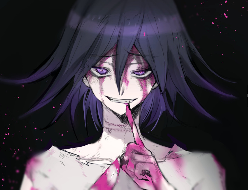 1boy bangs black_background black_hair blood bloody_weapon bruise dangan_ronpa_(series) dangan_ronpa_v3:_killing_harmony evil_grin evil_smile fangs grin hair_between_eyes half-closed_eye hand_up highres holding holding_knife index_finger_raised injury knife looking_at_viewer lysm425 male_focus ouma_kokichi pink_blood portrait purple_hair shirt short_hair smile solo torn_clothes torn_shirt weapon white_shirt