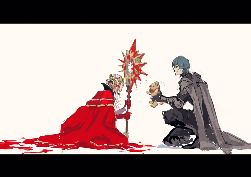 1boy 1girl armor axe aymr_(weapon) blood blue_eyes byleth_(fire_emblem) byleth_eisner_(male) cape dress edelgard_von_hresvelg fire_emblem fire_emblem:_three_houses gloves hair_ornament headpiece highres holding holding_axe horns long_hair ogata_tomio red_cape short_hair silver_hair smile stuffed_animal stuffed_toy teddy_bear toy violet_eyes weapon white_background white_hair