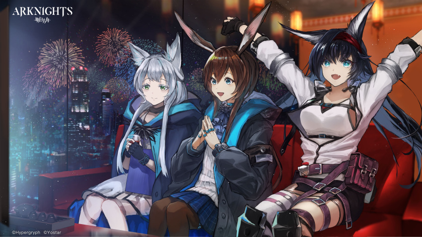 3girls :d absurdres amiya_(arknights) animal_ears arknights arms_up atuhi belt black_gloves black_hair black_legwear black_skirt blaze_(arknights) blue_eyes blue_jacket blue_skirt breasts brown_hair cat_ears city copyright_name cup drinking_glass fang fingerless_gloves fireworks gloves green_eyes hairband highres holding holding_cup interlocked_fingers jacket long_hair long_sleeves medium_breasts multiple_girls official_art open_mouth own_hands_together pantyhose pouch red_hairband rosmontis_(arknights) shirt silver_hair skirt smile white_jacket white_shirt