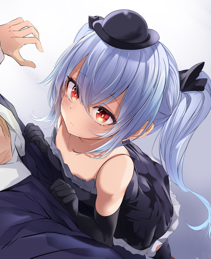 1boy 1girl bangs bare_shoulders black_gloves black_headwear black_legwear black_ribbon blue_hair blush closed_mouth dress elbow_gloves eyebrows_visible_through_hair flat_chest frilled_dress frills gloves granblue_fantasy hair_between_eyes hair_ribbon hands_on_another's_chest hat highres leaning_on_person long_hair looking_at_another looking_up mamezou_(tzakki023) orchis red_eyes ribbon simple_background solo_focus thigh-highs twintails