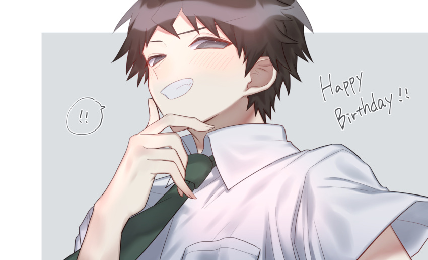 ! !! 1boy ahoge bangs blush breast_pocket brown_hair collared_shirt dangan_ronpa_(series) dangan_ronpa_2:_goodbye_despair fang grey_background hand_on_own_chin hand_up happy_birthday hinata_hajime male_focus necktie pocket portrait shirt short_hair short_sleeves solo speech_bubble spoken_exclamation_mark toke_(toke78r) upper_body white_background white_shirt