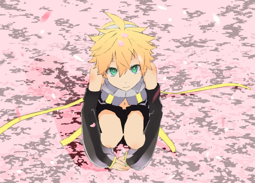 1boy aqua_eyes aqua_nails belt black_shorts black_sleeves blonde_hair cherry_blossoms commentary d_futagosaikyou detached_sleeves from_above headphones highres kagamine_len kagamine_len_(append) leg_hug looking_at_viewer male_focus nail_polish navel petals shirt shorts sleeveless sleeveless_shirt spiky_hair squatting vocaloid vocaloid_append