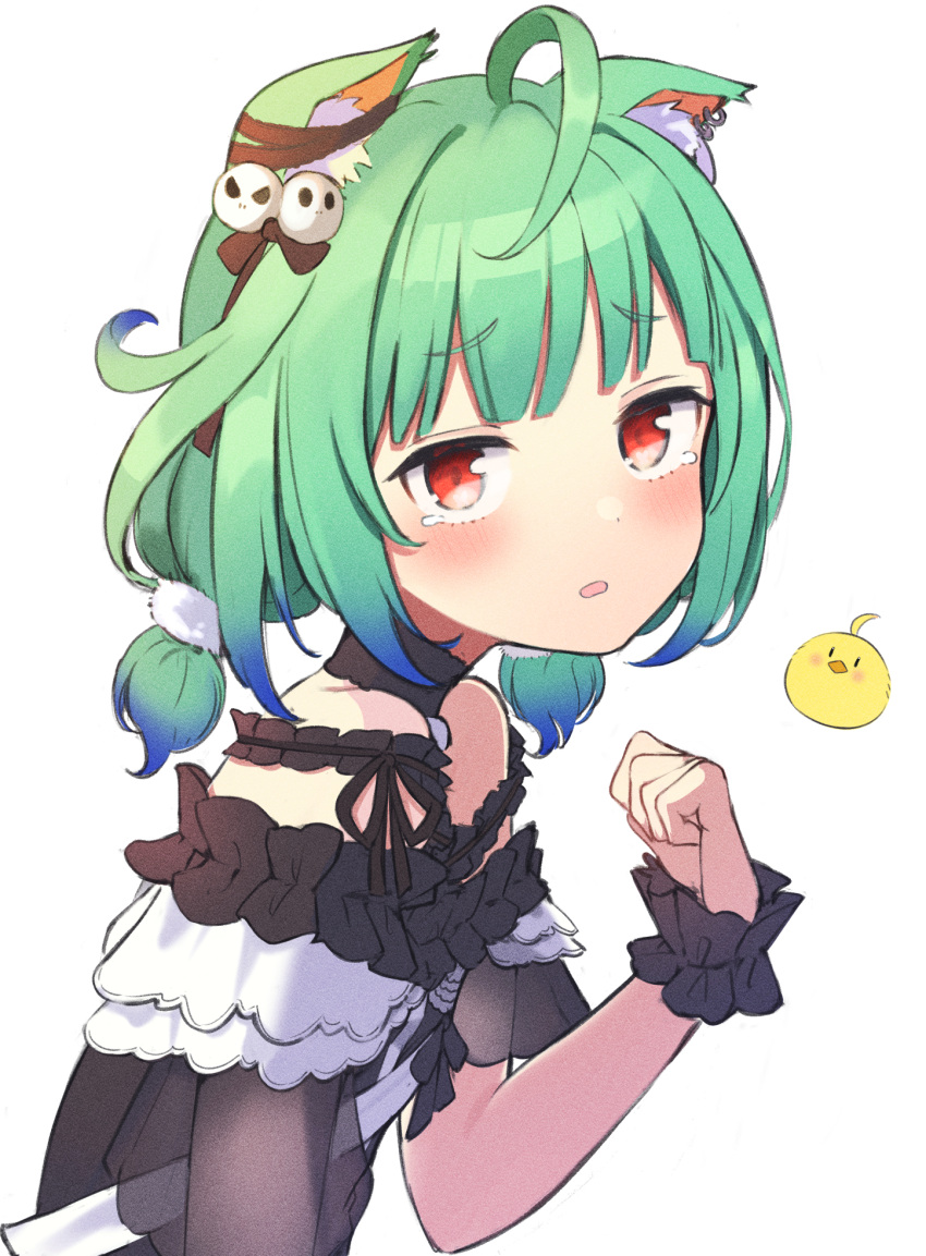 1girl ahoge animal_ear_fluff animal_ears bangs bare_shoulders black_choker black_dress blunt_bangs blush cat_ears choker commentary_request dress eyebrows_visible_through_hair flat_chest frills from_side green_hair hair_ornament hand_up highres hololive looking_at_viewer low_twintails medium_hair parted_lips red_eyes short_hair simple_background skull_hair_ornament solo tearing_up twintails upper_body uruha_rushia virtual_youtuber white_background wrist_cuffs yudetama