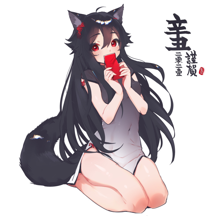 1girl ahoge animal_ears bangs bare_arms black_dress black_hair blush china_dress chinese_clothes commentary_request covered_navel dress ejami ekko_(ejami) fox_ears fox_girl fox_tail gradient_dress grey_dress hair_ornament hands_up highres holding long_hair looking_at_viewer new_year original red_eyes seiza short_sleeves simple_background sitting solo tail translation_request white_background