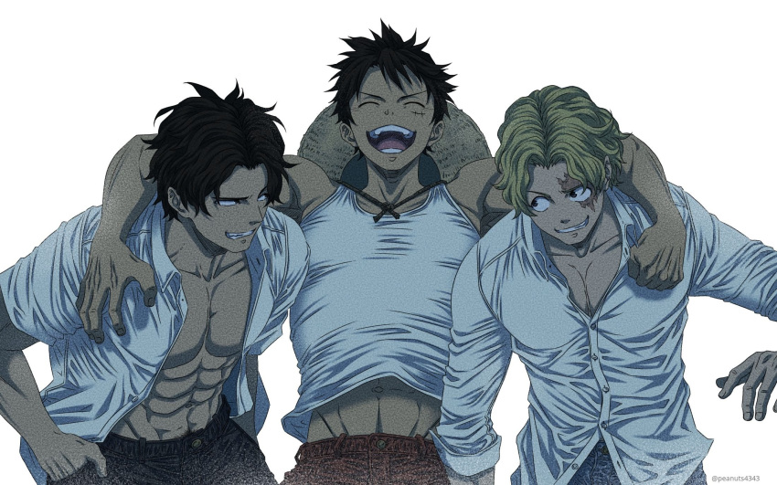 3boys abs arm_around_shoulder bare_pecs black_eyes black_hair blonde_hair brothers cowboy_shot freckles hat highres large_pectorals looking_at_another male_cleavage male_focus midriff_peek monkey_d_luffy multiple_boys muscular muscular_male one_piece open_clothes open_shirt partially_unbuttoned pectorals pinattsu portgas_d_ace sabo_(one_piece) scar scar_across_eye scar_on_cheek scar_on_face shirt short_hair siblings smile stomach straw_hat tank_top toned toned_male white_shirt white_tank_top