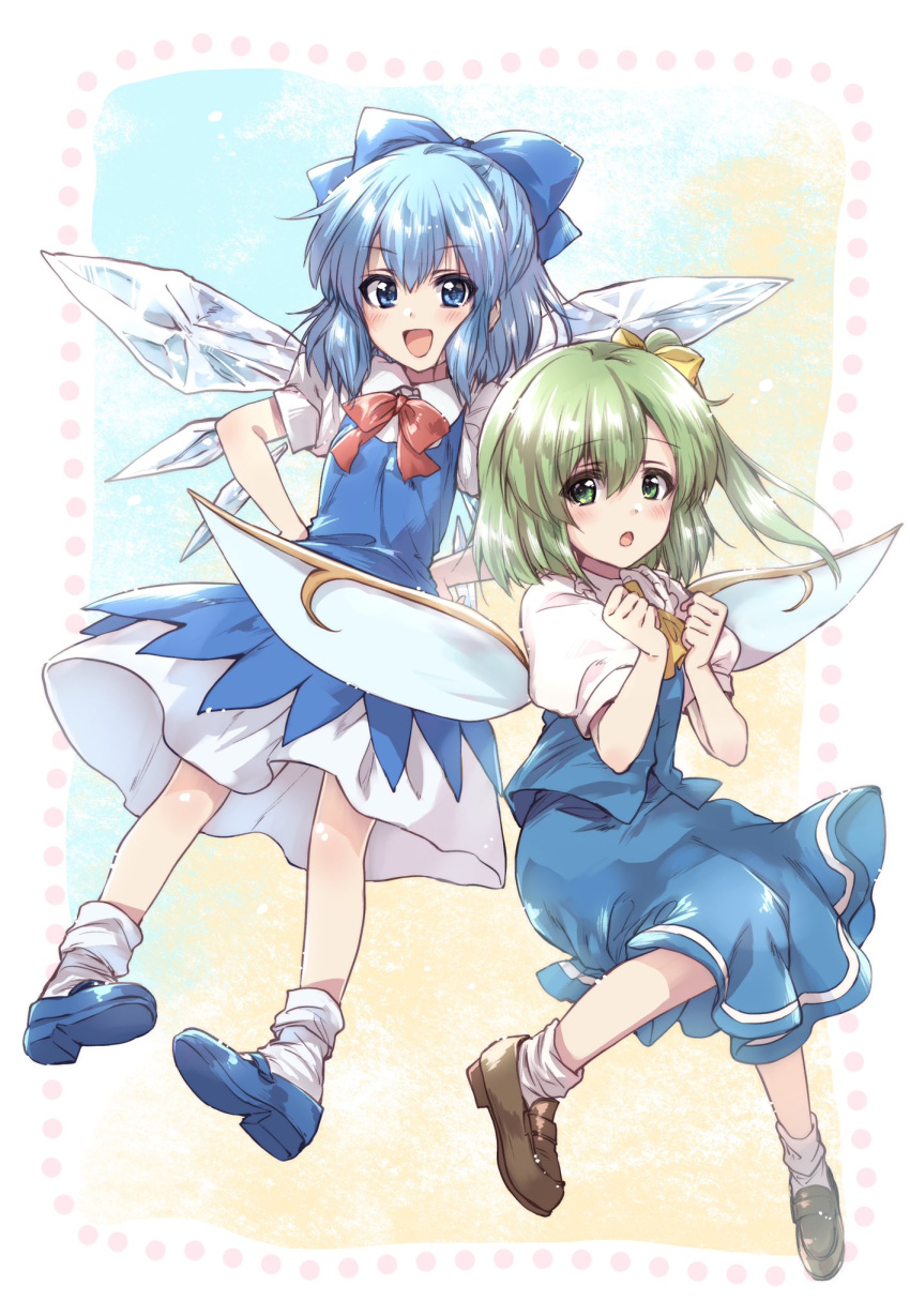 2girls ascot bangs blue_bow blue_dress blue_eyes blue_footwear blue_hair bow bowtie brown_footwear cirno clenched_hands collared_dress commission daiyousei dress eyebrows_visible_through_hair fairy fairy_wings floating green_eyes green_hair hair_bow hands_on_hips highres ice ice_wings kuroi_mimei light_frown loafers mary_janes medium_dress medium_hair multiple_girls one_side_up open_mouth puffy_short_sleeves puffy_sleeves red_bow red_neckwear shoes short_sleeves sidelocks single_horizontal_stripe skeb_commission smile socks touhou white_legwear wings yellow_neckwear