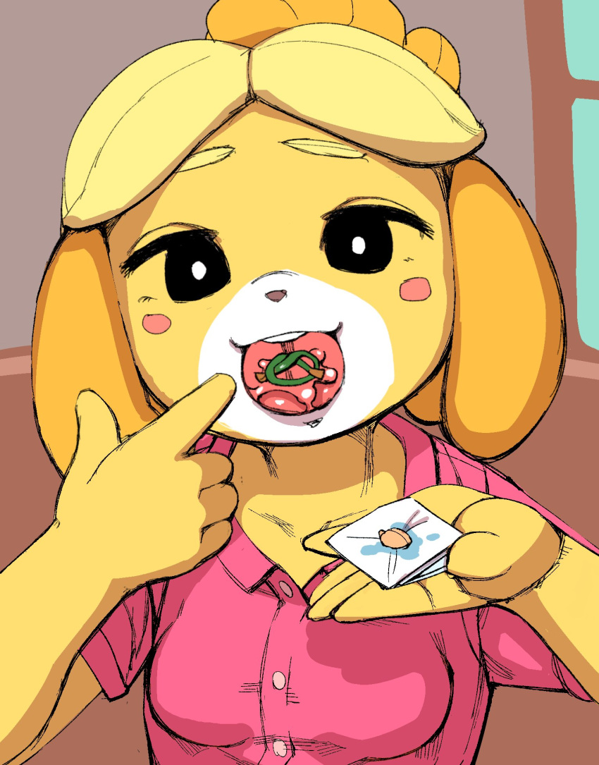 1girl :d animal_crossing animal_ears black_eyes blonde_hair blush blush_stickers body_fur breasts buttons collarbone collared_shirt commentary_request dog_ears dog_girl furry highres holding iizuna_(milky_walker) index_finger_raised isabelle_(animal_crossing) looking_at_viewer napkin open_mouth partially_unbuttoned pink_shirt raised_eyebrows shirt short_sleeves sketch smile solo tongue upper_body upper_teeth window yellow_fur