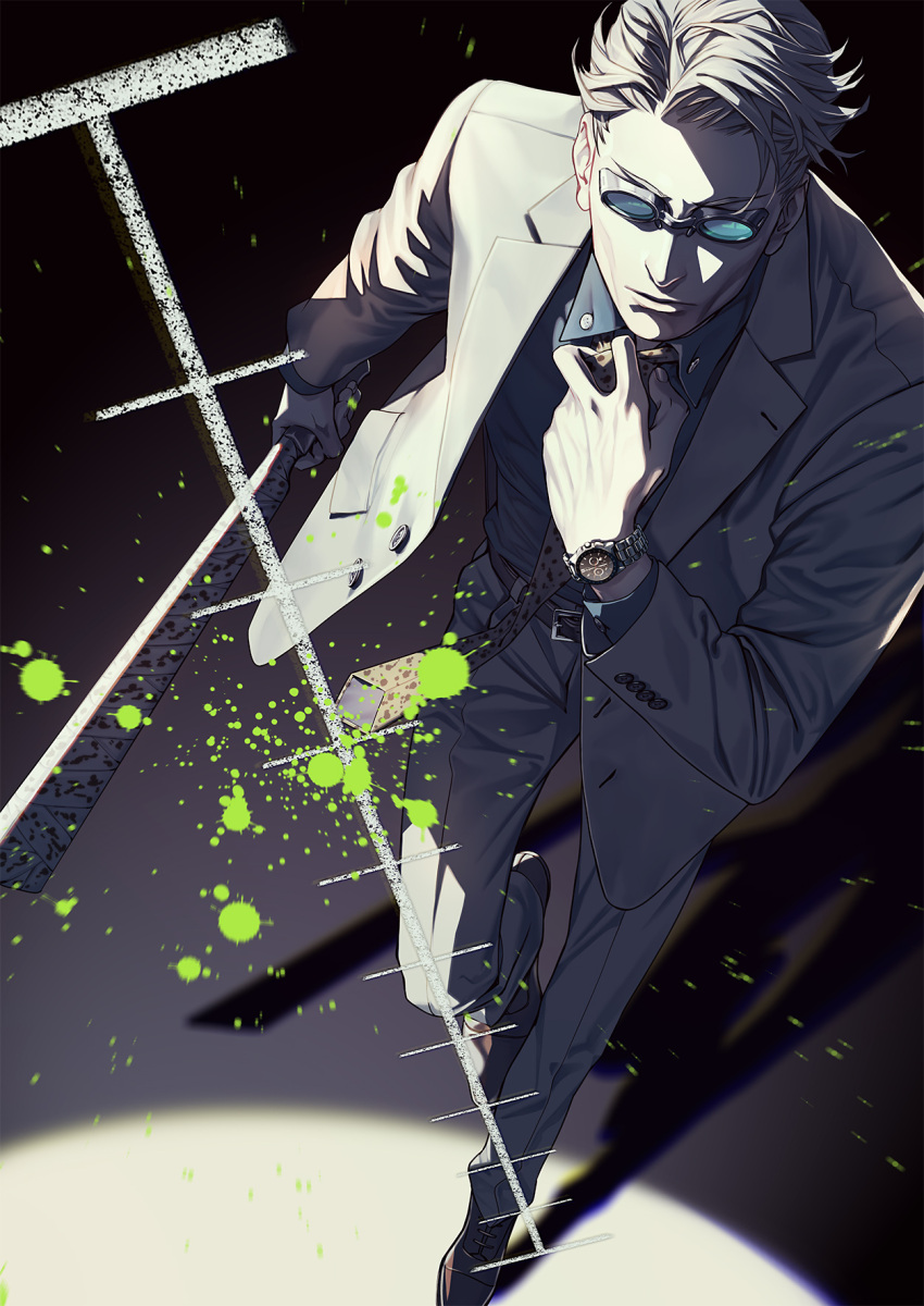 1boy adjusting_clothes adjusting_necktie belt blonde_hair blue_shirt brown_footwear closed_mouth collared_shirt dress_shirt formal from_above full_body grey_jacket grey_pants grey_suit hand_up highres holding holding_sword holding_weapon jacket jujutsu_kaisen long_sleeves looking_away male_focus nanami_kento necktie pants round_eyewear shirt shoes short_hair solo standing sunglasses sword w55674570w watch watch weapon yellow_neckwear