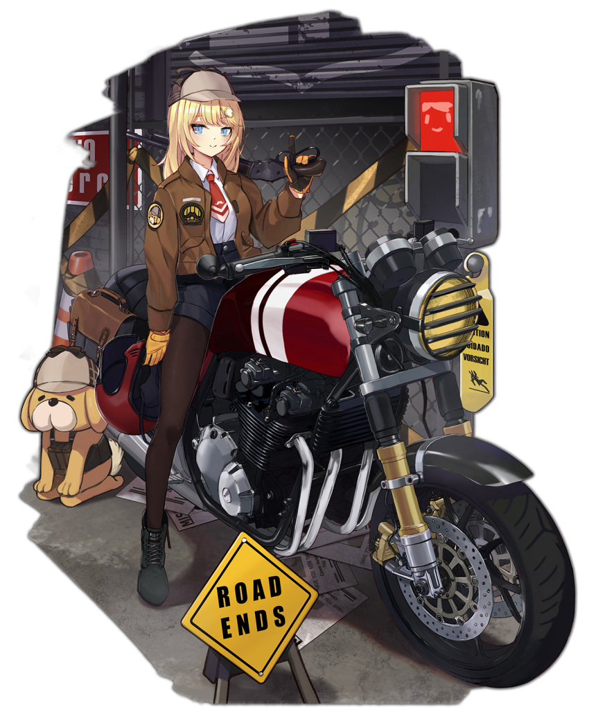 1girl alternate_costume bangs black_gloves black_shorts blonde_hair blue_eyes breasts brown_jacket brown_legwear bubba_(watson_amelia) character_print closed_mouth collared_shirt commentary deerstalker dog english_commentary gloves ground_vehicle gun hair_ornament hat highres holding holding_gun holding_weapon hololive hololive_english jacket legwear_under_shorts lever_action long_sleeves looking_at_viewer monocle_hair_ornament motor_vehicle motorcycle necktie open_clothes open_jacket pantyhose ranyu red_neckwear road_sign shirt shorts shotgun sign sitting smile vest virtual_youtuber watson_amelia weapon white_shirt winchester_model_1887 yellow_gloves