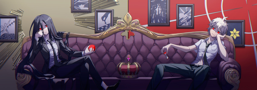 2boys ahoge apple bangs black_footwear black_hair black_jacket black_pants breast_pocket brown_pants cheek_rest chessboard collared_shirt commentary_request couch crossed_legs crown cup dangan_ronpa_(series) dangan_ronpa_2:_goodbye_despair drinking_glass feet_out_of_frame food formal framed_image fruit hand_on_own_cheek hand_on_own_face hand_up highres hinata_hajime hinata_hajime_(awakened) holding holding_food holding_fruit jacket kamukura_izuru long_hair long_sleeves looking_at_viewer male_focus multiple_boys necktie on_couch pants picture_(object) pocket red_eyes shirt short_hair short_sleeves silver_hair sitting spoilers white_hair white_shirt wine_glass ziling