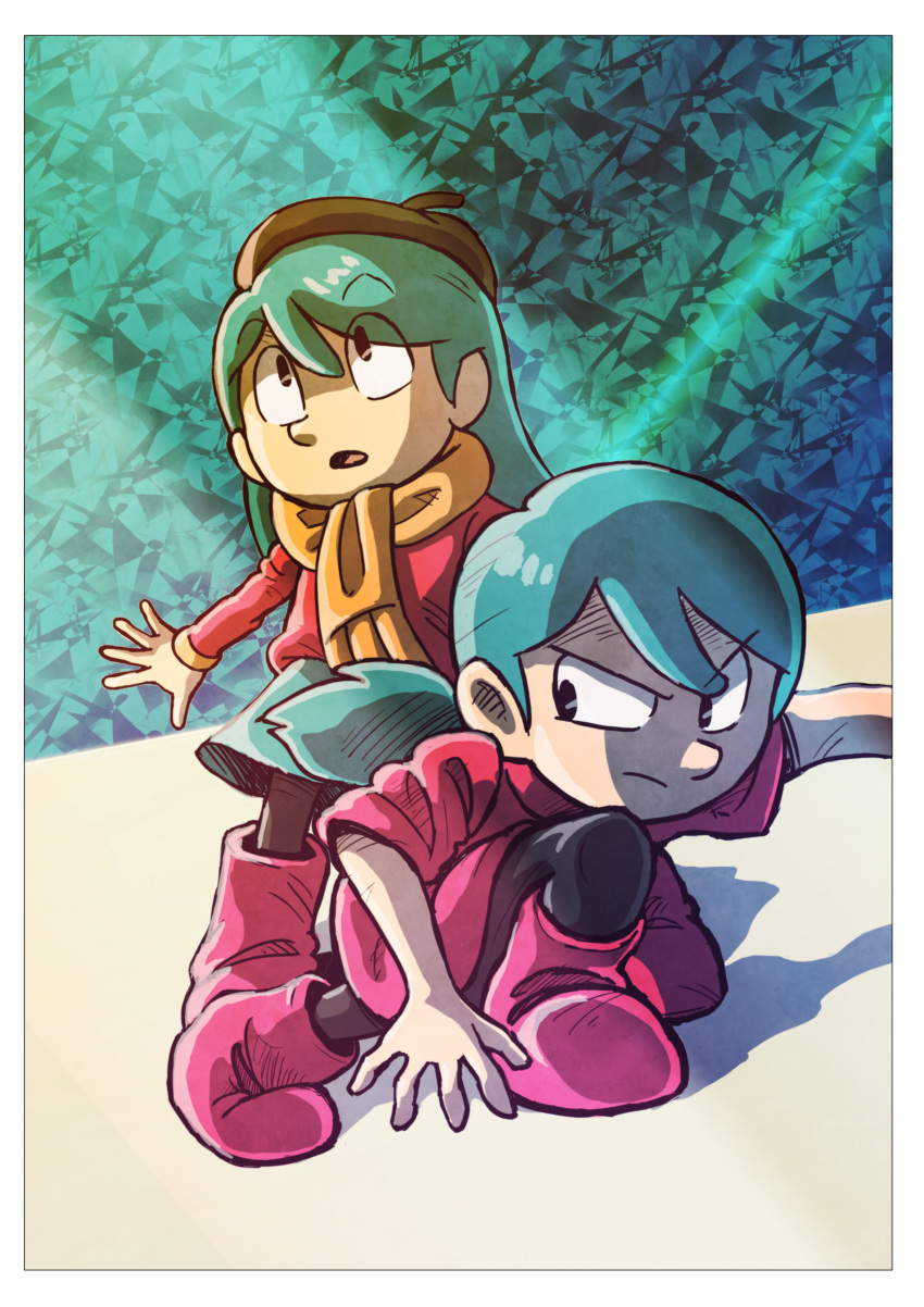 2girls absurdres beret black_legwear blue_hair boots dual_persona fighting_stance frown full_body hand_on_ground hasp hat highres hilda_(hilda) hilda_(series) long_hair looking_up multiple_girls patterned_background ponytail pullover red_footwear scarf skirt squatting time_paradox