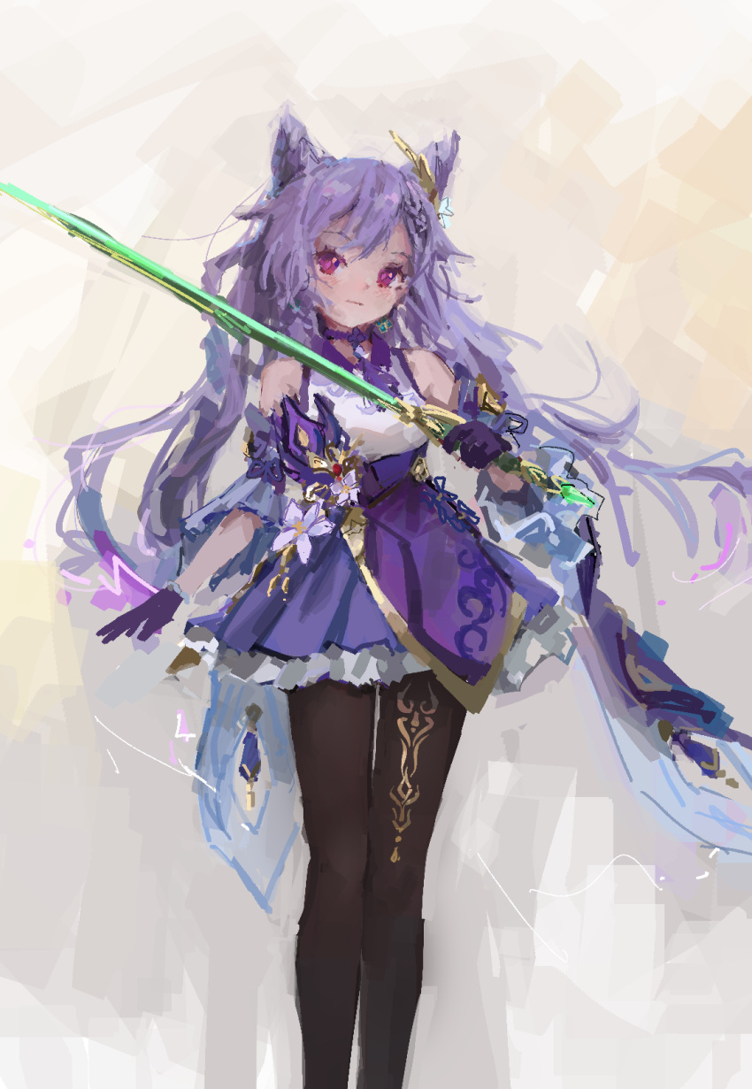 1girl bare_shoulders black_legwear breasts closed_mouth detached_sleeves dress feet_out_of_frame genshin_impact gloves gold_trim highres holding holding_sword holding_weapon keqing_(genshin_impact) light_blush long_hair pantyhose pointy_hair purple_dress purple_gloves purple_hair reddizen small_breasts smile solo standing sword twintails very_long_hair violet_eyes weapon