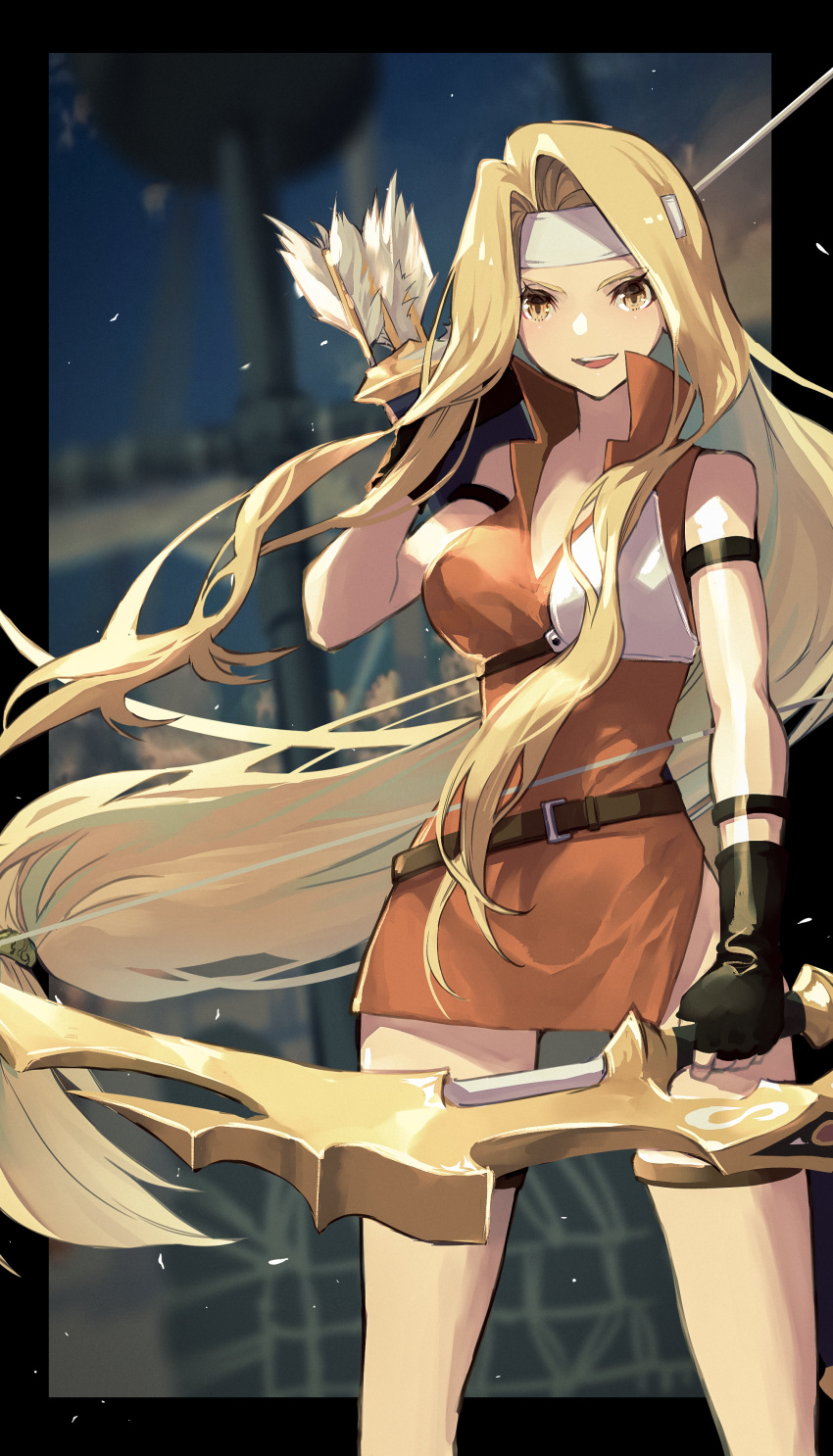 1girl absurdly_long_hair absurdres arrow_(projectile) belt blonde_hair bow_(weapon) brigid_(fire_emblem) commission commissioner_upload dress fingerless_gloves fire_emblem fire_emblem:_genealogy_of_the_holy_war gloves headband highres holding holding_weapon huge_filesize lala_(sputnik) long_hair ship skeb_commission smile solo very_long_hair watercraft weapon
