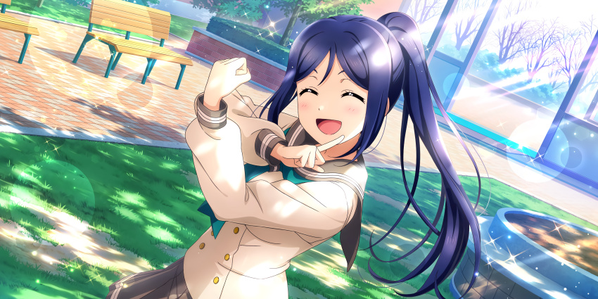 blue_hair blush closed_eyes dress long_hair love_live!_school_idol_festival_all_stars matsuura_kanan ponytail smile