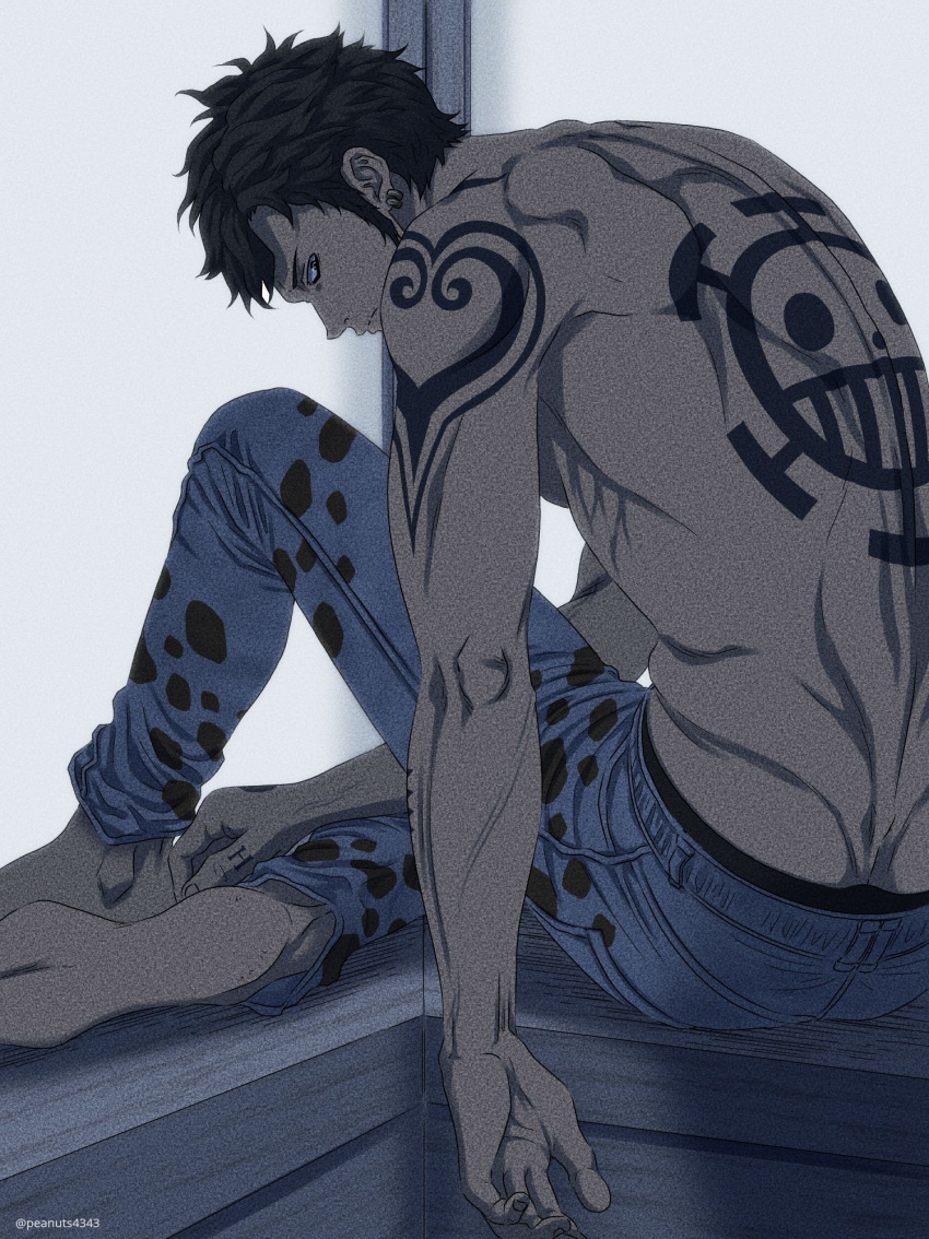 1boy arm_tattoo back back_tattoo black_eyes black_hair denim from_behind highres jeans looking_at_viewer male_focus one_piece panther_print pants pectorals pinattsu shirtless short_hair shoulder_tattoo sideburns sitting solo tattoo toned toned_male trafalgar_law