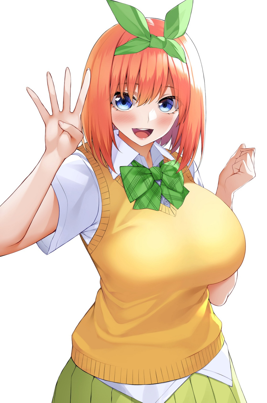 1girl bangs blue_eyes bow bowtie breasts go-toubun_no_hanayome green_neckwear hands_up highres large_breasts looking_at_viewer nakano_yotsuba open_mouth orange_hair school_uniform short_hair short_sleeves simple_background smile solo takocha white_background