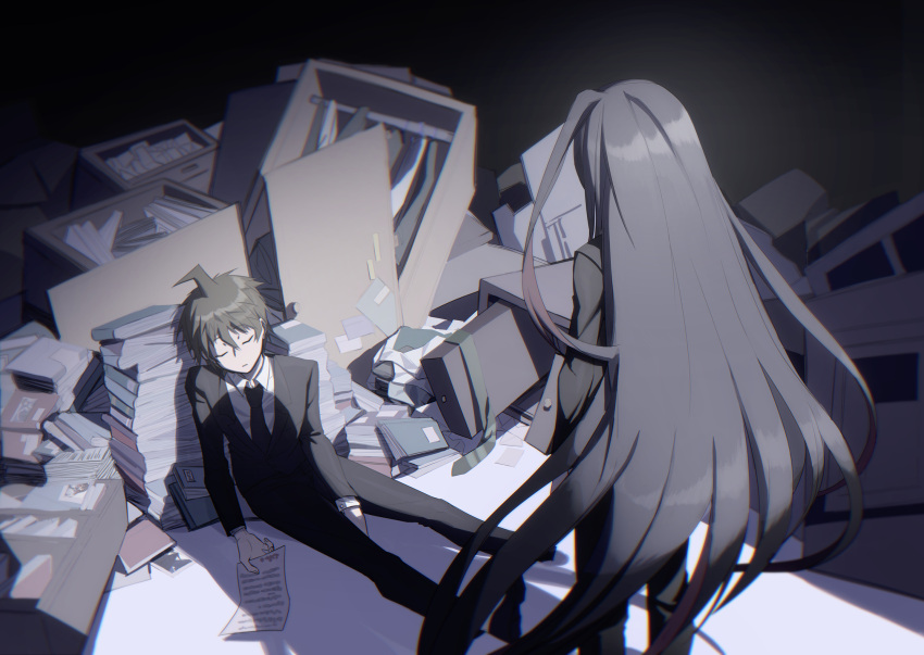 2boys ahoge bangs black_hair black_jacket black_neckwear black_pants book book_stack brown_hair closed_eyes collared_shirt dangan_ronpa_(series) dangan_ronpa_3_(anime) facing_another formal from_behind highres hinata_hajime holding jacket kamukura_izuru long_hair long_sleeves male_focus multiple_boys necktie on_ground pants paper papers shelf shirt short_hair sitting spoilers standing suit very_long_hair white_shirt ziling